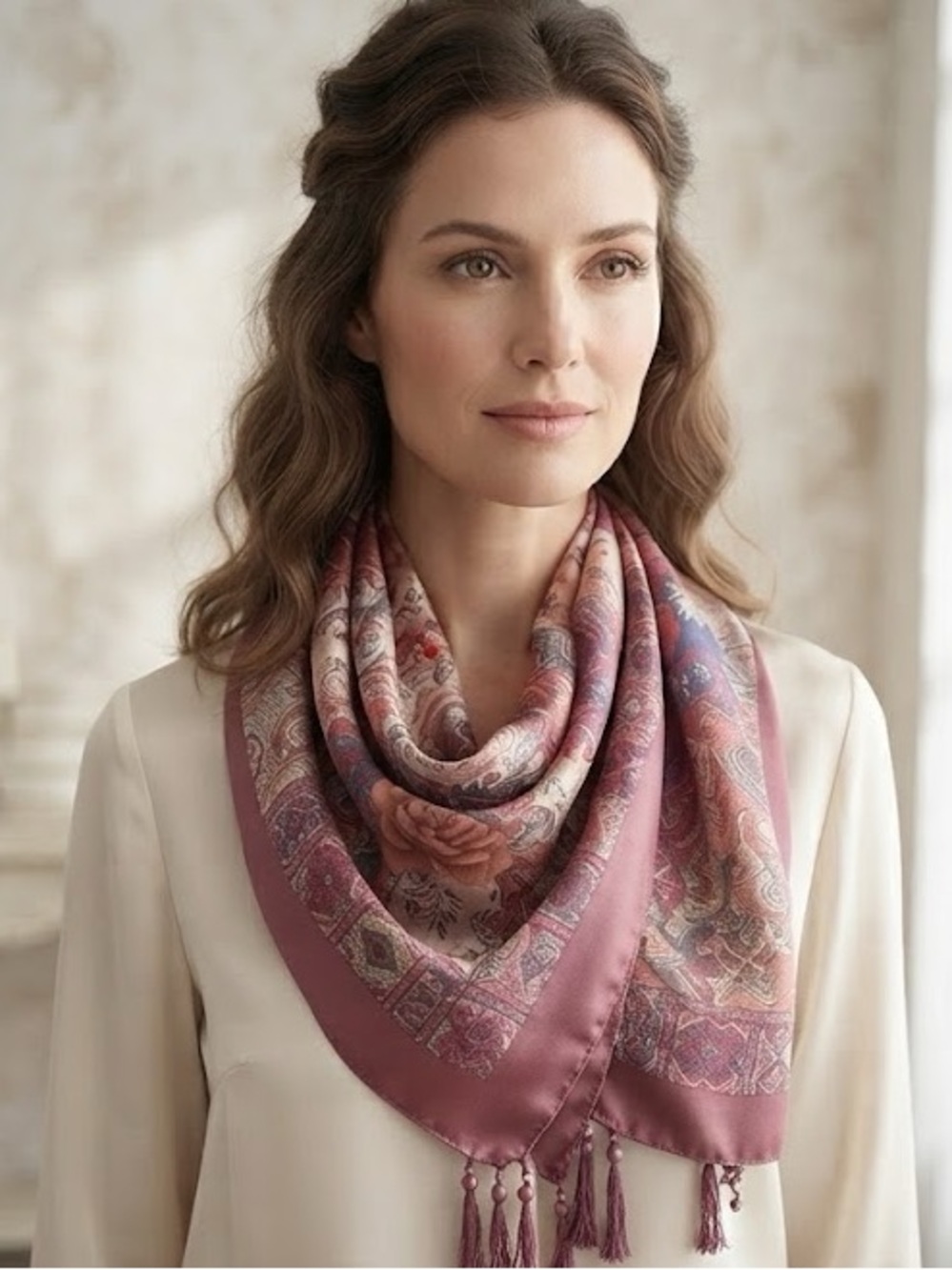 Silk Elegant Rose Paisley Silk-Feel Shawl Wrap in Rosewood w/ Encrusted Sequins